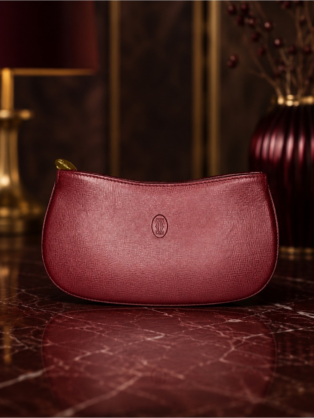 Cartier Bordeaux Leather Zip Pouch | Must de Cartier Cosmetic Case | Full Set